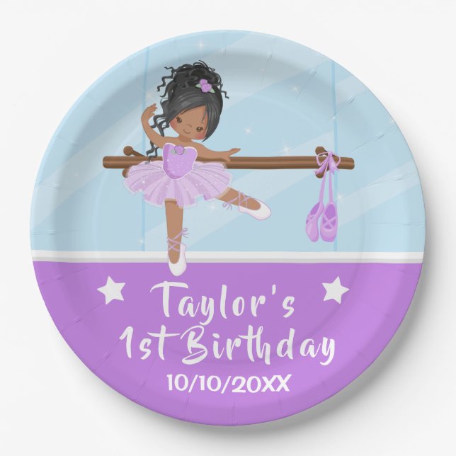 Prato De Papel Afro-Americano Ballerina Purple Tutu Birthday Pa (Frente)