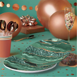 Prato De Papel Ágata Verde Dourado Mármore Geodo Brilho Nome Pers