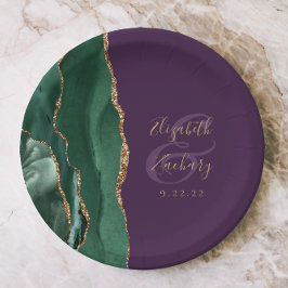 Prato De Papel Ágata Verde Esmeralda Dourado Roxo Casamento