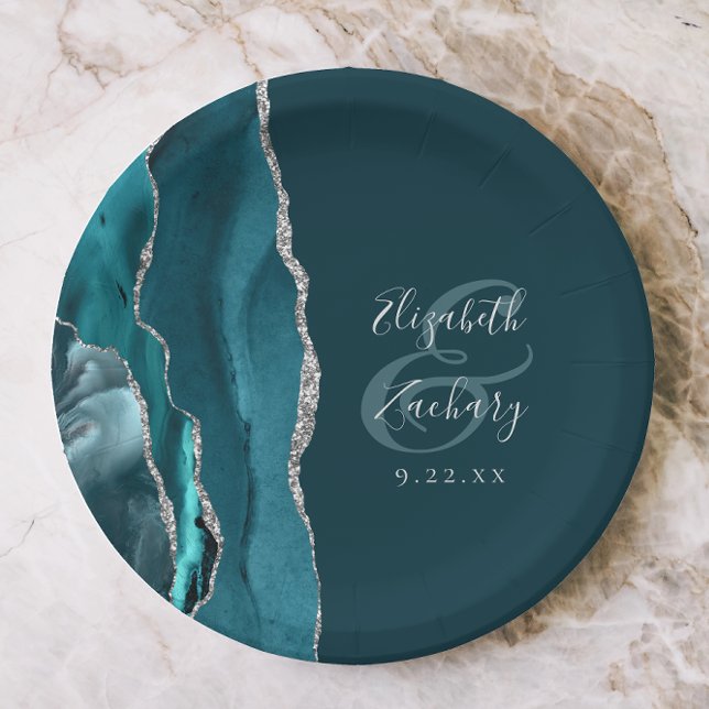Prato De Papel Agate Geode Script Dark Teal Silver Wedding (Criador carregado)