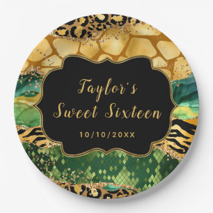 Prato De Papel Agate Safari Dourado e Verde Doce Dezesseis