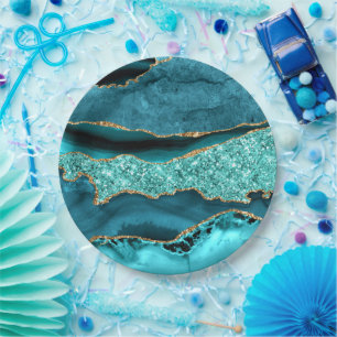Prato De Papel Agate Teal Blue Glitter Marble Aqua Turquoise