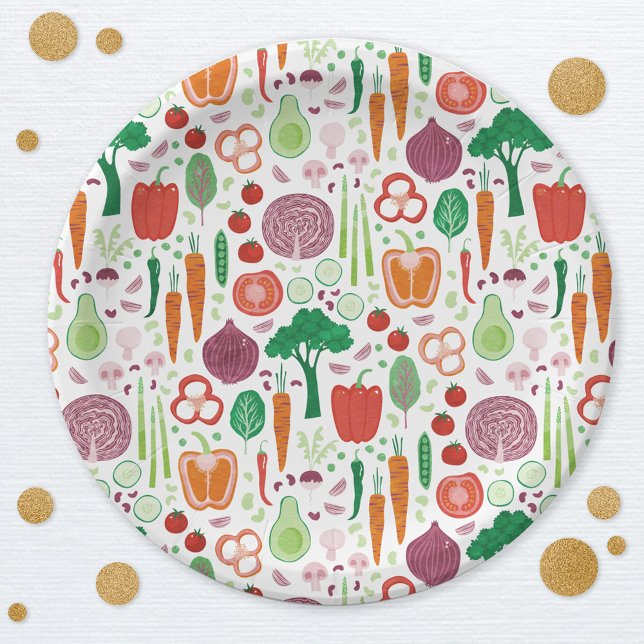 Prato De Papel Agricultores Comercializam Vegetais Cultivados Loc (Vegetable pattern Farmers Market Locally Grown party paper plates)