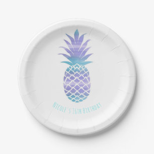 Prato De Papel Água Turquesa & Abacaxi Roxo Festa Tropical Chic