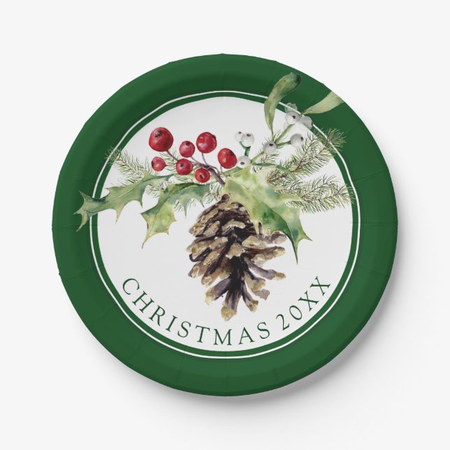 Prato De Papel Aguarela do Natal | - azevinho & Pinecone do (Frente)