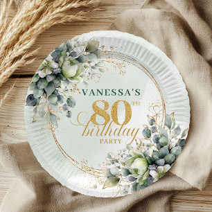 Prato De Papel Aguarela Verde Dourado Eucalipto 80º Aniversário