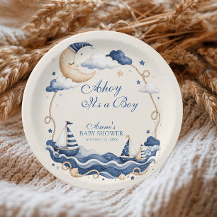 Prato De Papel Ahoy É um Menino Lua Adormecida Velho Barco a Vela