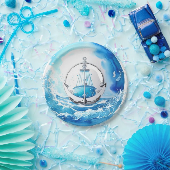 Prato De Papel Ahoy to Motherhood: Chá de fraldas de Menino Náuti (Festa)