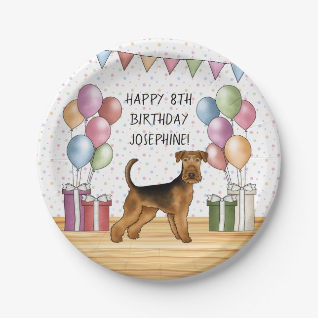Prato De Papel Airedale Terrier Cute Dog Pastel Feliz Aniversário (Frente)