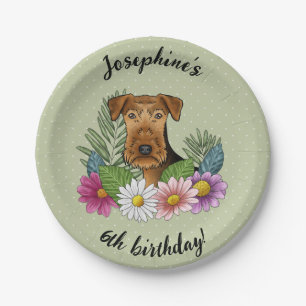 Prato De Papel Airedale Terrier Flores Coloridas Feliz Aniversári