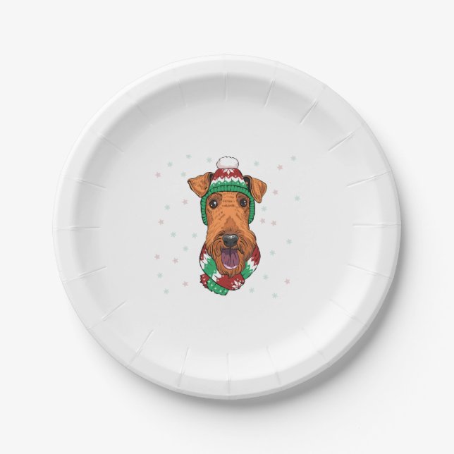 Prato De Papel Airedale Terrier no chapéu de natal (Frente)