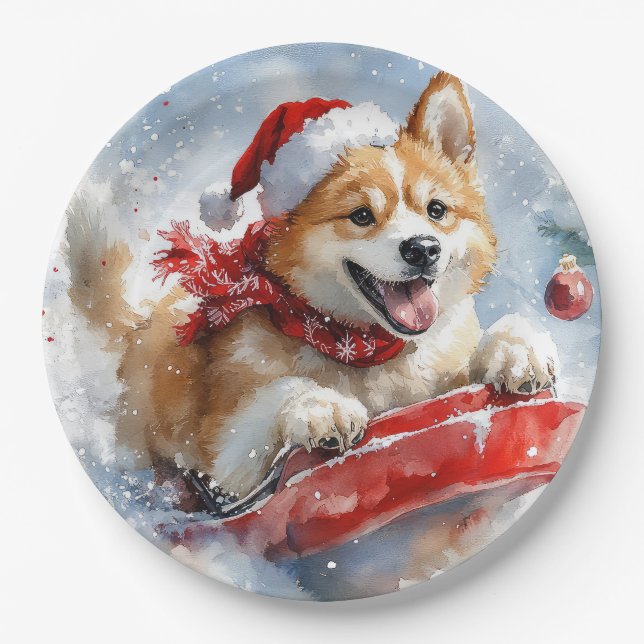 Prato De Papel Akita Dog em Sledge Deixe-o nevar no Natal (Frente)