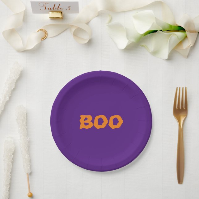 Prato De Papel Alaranjado roxo de Halloween Boo (Casamento)