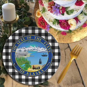 Prato De Papel Alaska Plate, xadrez de búfalos EUA e Sinalizador