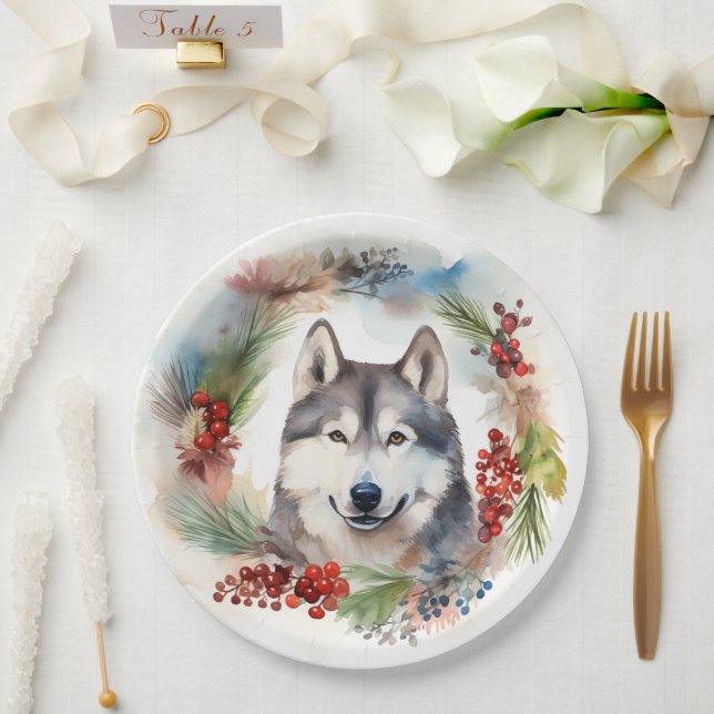 Prato De Papel Alaskan Malamute, Festivo Wreath Christmas Pup (Casamento)