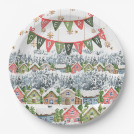 Prato De Papel Aldeia de Natal Bonita Snowy
