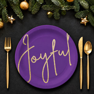 Prato De Papel Alegre Dourado Falso Folha Roxo Natal