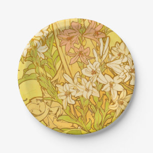 Prato De Papel Alfonse Mucha Art Nouveau flores de lírio