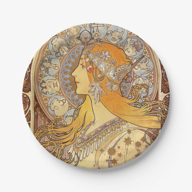 Prato De Papel Alfonse Mucha Zodiac Art Nouveau Mulher (Frente)