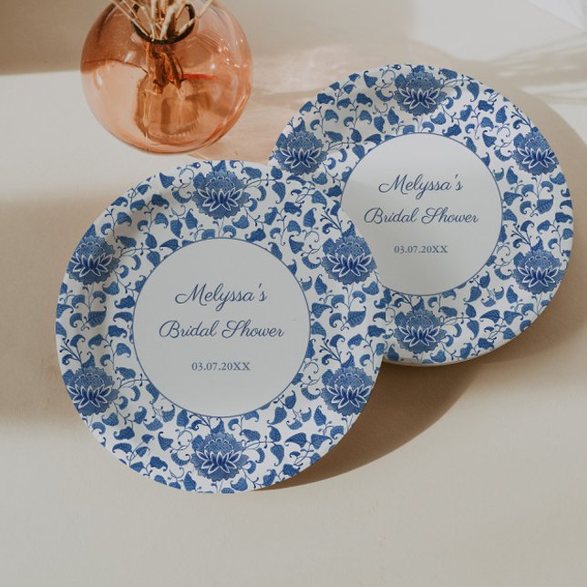 Prato De Papel Algo Azul Impressão Chinoiserie Chá de Noiva (Something Blue Bridal Shower Party Chinoiserie print paper plates)