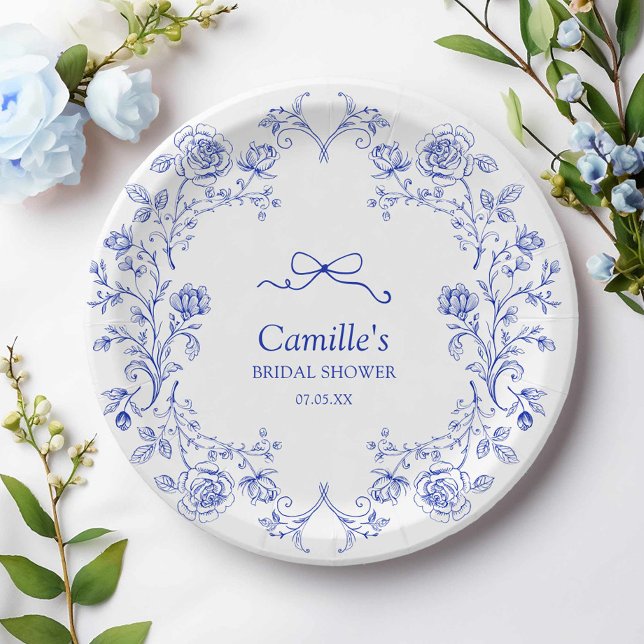 Prato De Papel Algo Chá de panela Floral Azul (Something Blue Bow Bridal Shower Paper Plates)