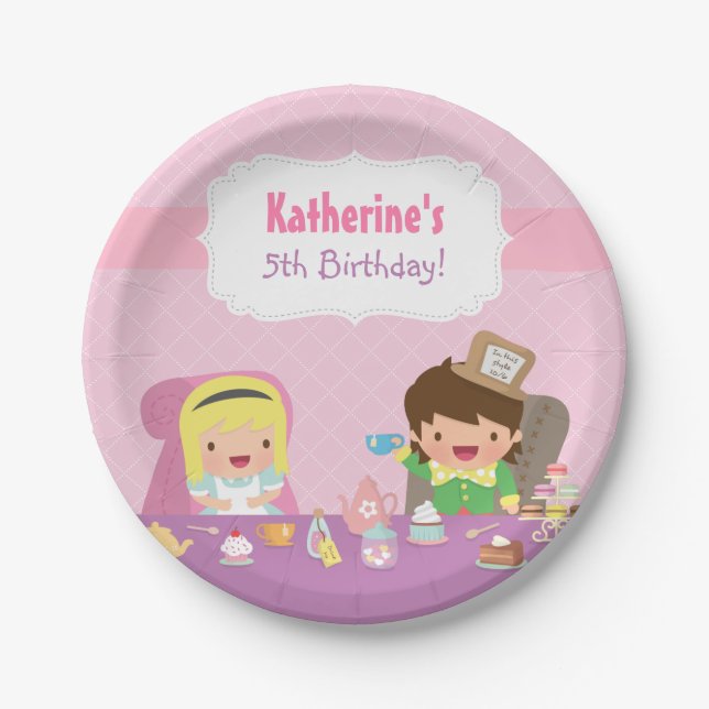 Prato De Papel Alice em fontes do aniversário do tea party do (Frente)