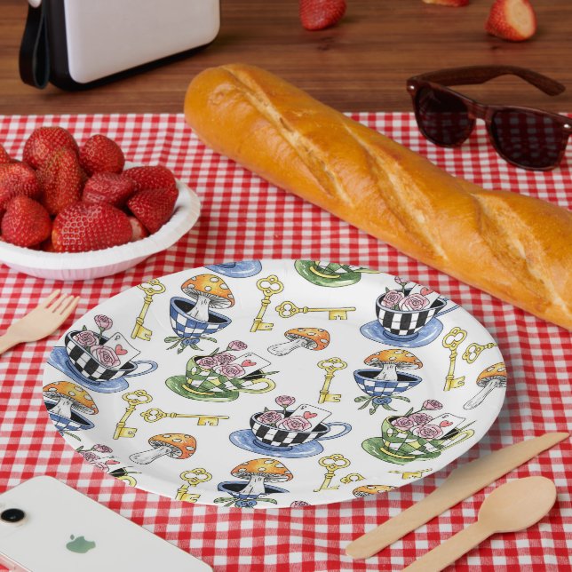 Prato De Papel Alice no padrão das terras maravilhosas (Piquenique)