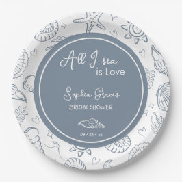 Prato De Papel All I Sea is Love Dusty Blue Seashells Doodles