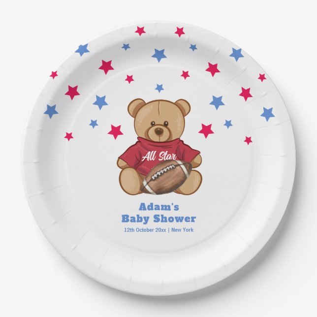 Prato De Papel All Star Teddy Bear Football Sport Baby Shower  (Frente)