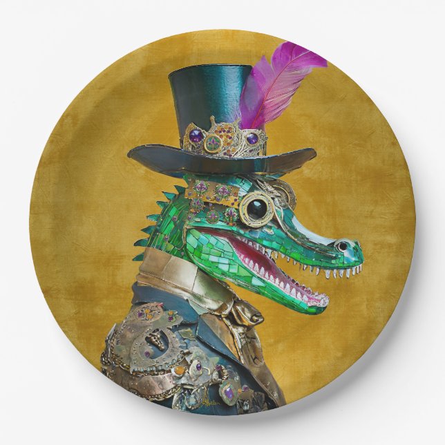 Prato De Papel Alligator Animal do Partido Steampunk do Mardi Gra (Frente)
