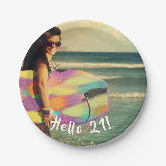 Prato De Papel Alô de foto de aniversário de 21 anos 21 (Frente)