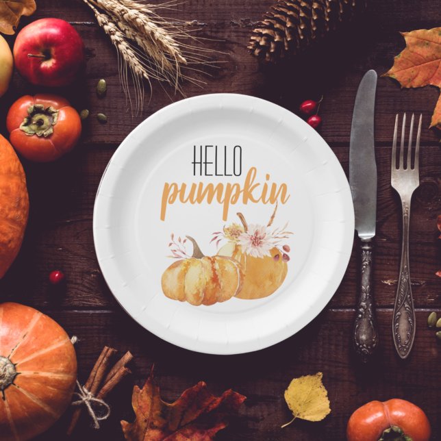 Prato De Papel Alô Moderno Pumpkin Orange Pumpkin Com Flores (Criador carregado)