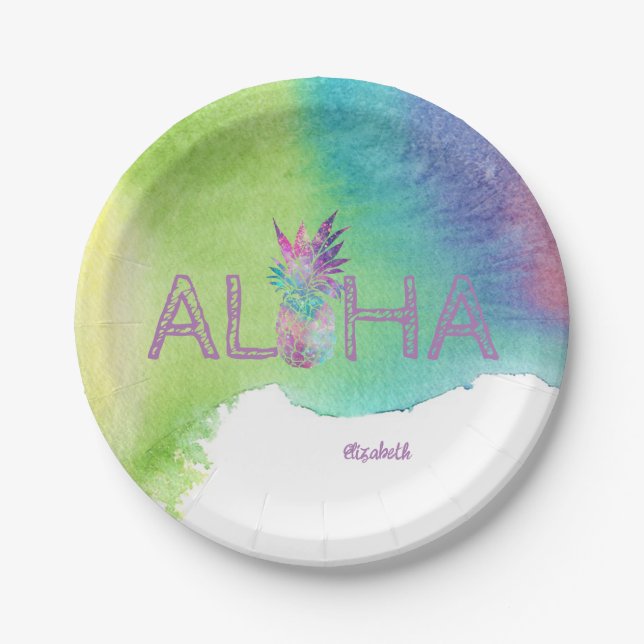 Prato De Papel Aloha Hawaiian Pineapple, Watercolor Splash (Frente)