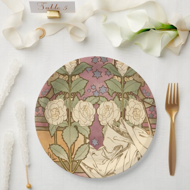 Prato De Papel Alphonse Mucha Elegant Art Nouveau Stars Camellia  (Casamento)