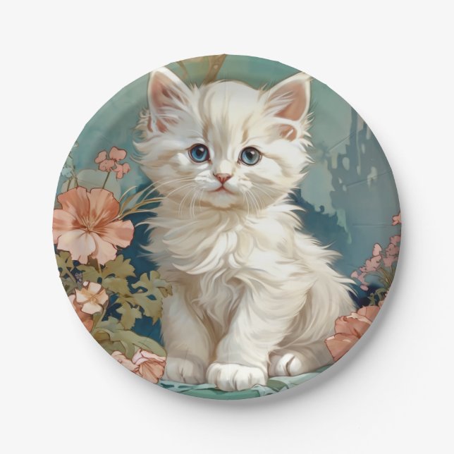 Prato De Papel Alphonse Mucha Style White Cat (Frente)