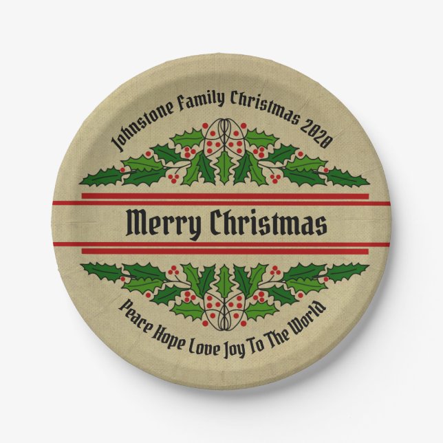 Prato De Papel Alterar Nome Texto Holly de Natal 7" (Frente)