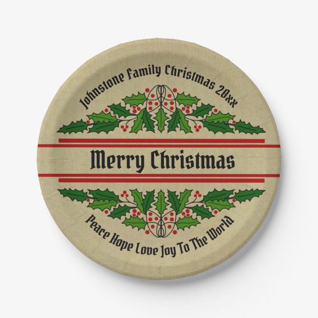 Prato De Papel Alterar Nome Texto Natal 20xx Holly 7" (Frente)