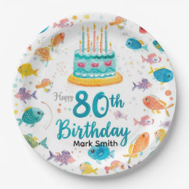 Prato De Papel Amante da Pesca Aniversário de 80 anos Aquarela