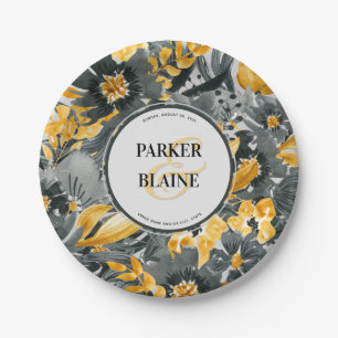 Prato De Papel Amarelo + Cinza Aquarela Monograma Casamento P