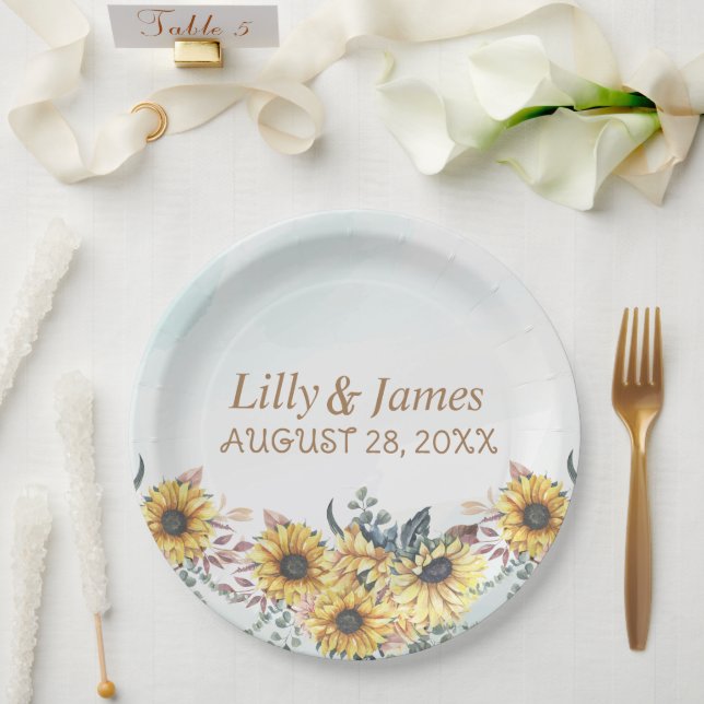 Prato De Papel Amarelo Elegante Aquarela Girassol Sunny (Casamento)