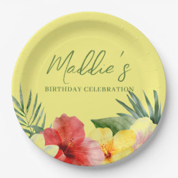 Prato De Papel Amarelo Floral Havaiano de Aniversário