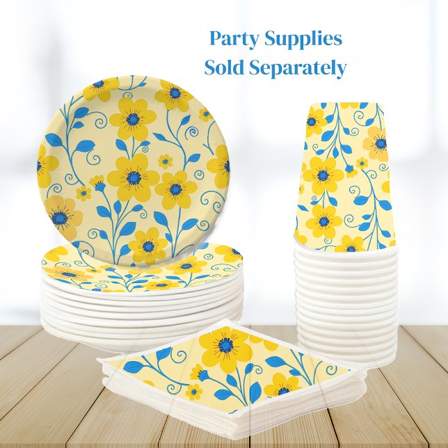 Prato De Papel Amarelo-Manteiga e Floral Azul (Butter Yellow and Blue Floral-Party Supplies-Plates Napkins and Cups)