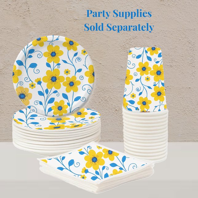 Prato De Papel Amarelo-Manteiga e Floral Azul (Butter Yellow and Blue Floral Pattern- Party Supplies, plates, napkins and cups)