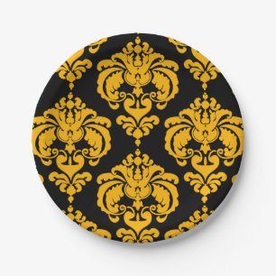 Prato De Papel Amarelo Preto Damasco Vintage Casamento Evento Fes