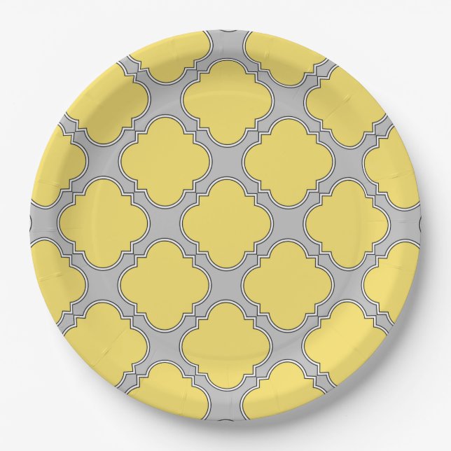 Prato De Papel Amarelo quatrefoil e cinza (Frente)