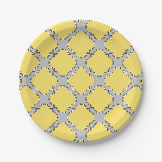 Prato De Papel Amarelo quatrefoil e cinza (Frente)