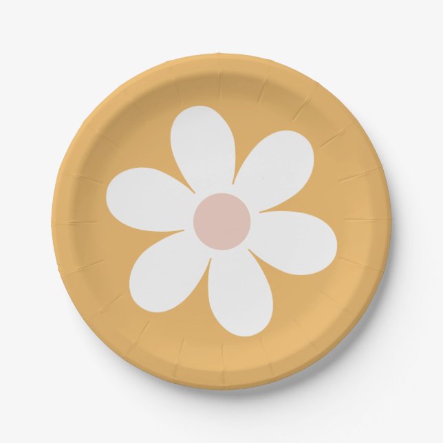 Prato de papel amarelo Retro Daisy Boho (Frente)
