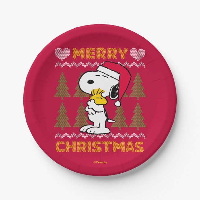 Prato De Papel Amendoins | Snoopy & Woodstock Santa Claus Hug (Frente)