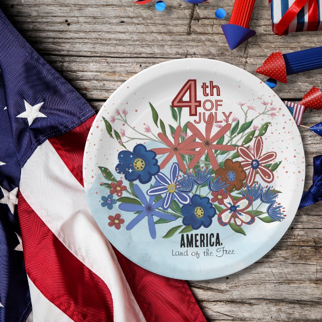 Prato De Papel "América Terra dos Libertados" 4º de julho Flores (America Land of the Free_ 4th of July Flowers Paper Plates)