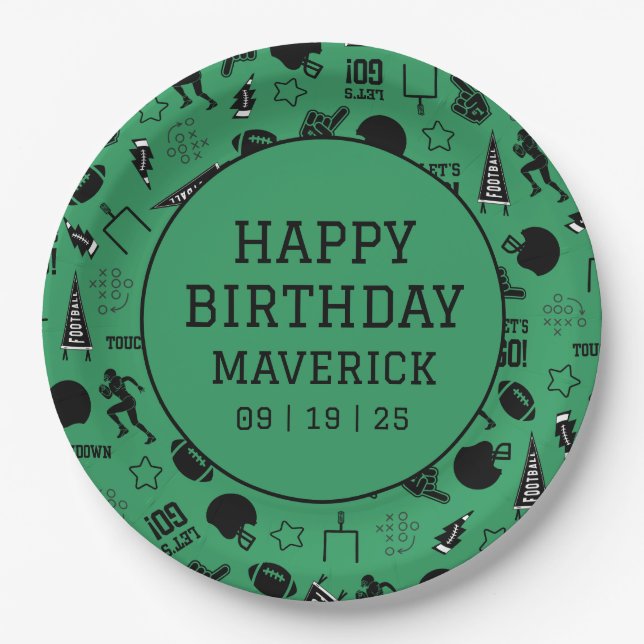 Prato De Papel American Football Green Sports Birthday (Frente)